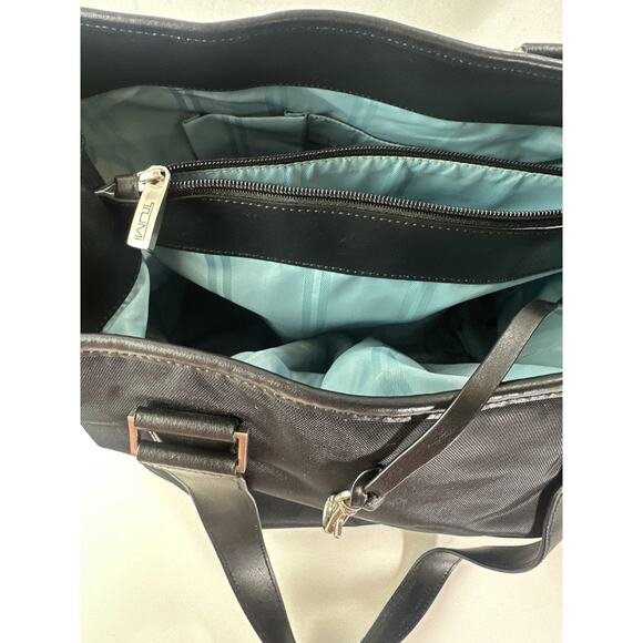 Tumi Leather Trim Nylon Tote Travel Shoulder Bag Black Open Top Zip Pocket - Picture 8 of 16